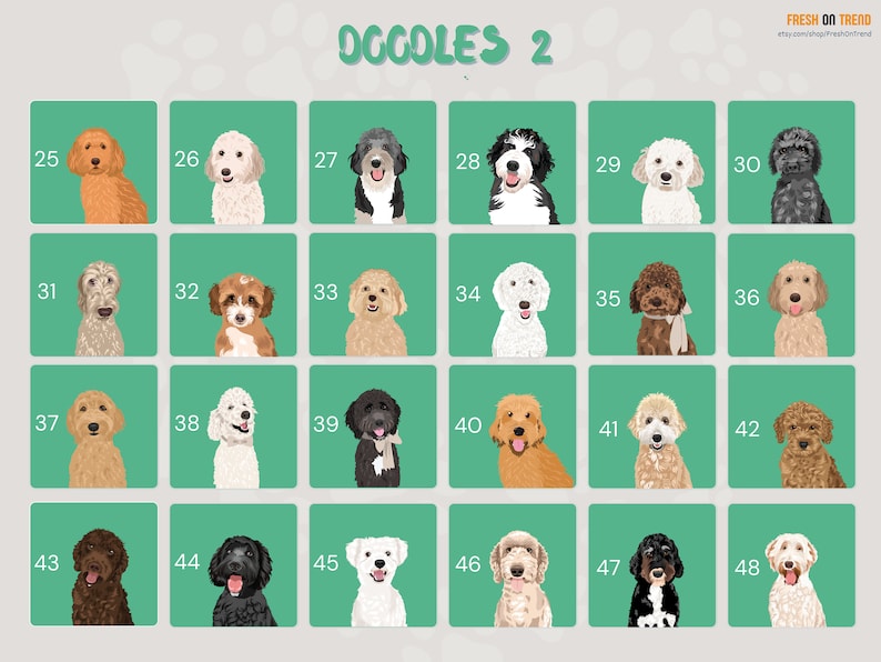 May include: A chart of 48 different doodle style illustrations of dogs. Each dog is in a square with a number from 25 to 48. The dogs are all different breeds and colors. The chart is on a green background.