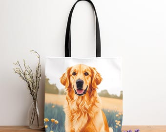 Golden Retriever Tote Bag, Dog Lover Gift, Floral Tote, Golden Retriever Owner Gifts, Pet Shopping Bag, Golden Retriever Allover Print Bag