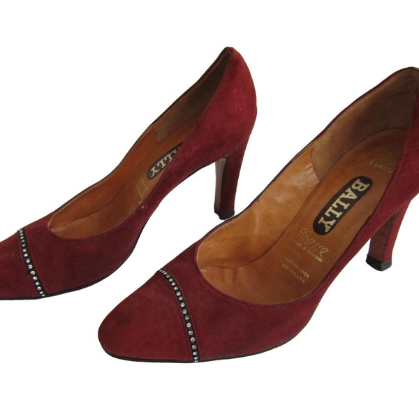 Vintage Bally Borgia Heeled Suede Court Shoes UK Size 4.5 Burgundy with Diamantes