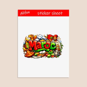 May include: A sticker sheet with a colorful illustration of Morocco. The design includes the word "Maroc" in red and green, a camel, mountains, a flag, and a man in traditional attire. The text "Alifon sticker sheet" is at the top.