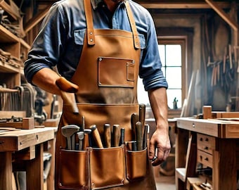 New Men Genuine Brown Leather Tool Apron For Carpenter, Leather Apron For Woodworking, Four Multiple Size Pocket Leather Tools Apron