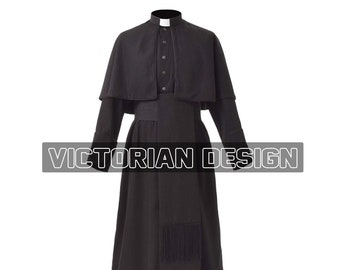 New Unisex Black Wool Priest Soutane Roman Cassock Costume Minister Choir Cassock with Cincture Belt, Church Attire Robe By Victorian Design