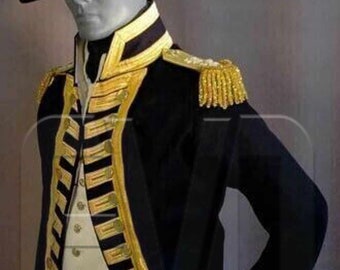 New Men British Admiral Frock Coat, Royal Navy Nelson's Uniform, Royal Vice Admiral Jacket, Officer Frock Coat, Black Wool Tailcoat