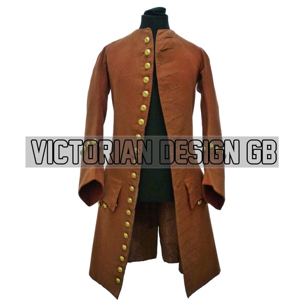 New Men Brown Wool 17th Century Riding Coat, 1740s Period Gentleman Frock Coat, 1750s Military Frock Coat, Victorian Frock Coat