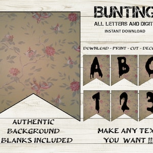 Könnte beinhalten: Druckbare Wimpelkette mit floralem Hintergrundmuster. Die Girlande enthält die Buchstaben A, B, C und die Zahlen 1, 2, 3. Der Text "BUNTING", "ALL LETTERS AND DIGITS", "INSTANT DOWNLOAD", "DOWNLOAD - PRINT - CUT - DECORATE", "AUTHENTIC BACKGROUND & BLANKS INCLUDED", "MAKE ANY TEXT YOU WANT!!!" ist ebenfalls auf der Girlande enthalten.