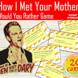 May include: A printable game with 20 cards featuring yellow umbrellas and the text "How I Met Your Mother Would You Rather Game". The cards have different "Would You Rather" questions related to the TV show.