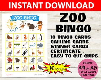 10 card Zoo Animal Bingo - Zoo Animal Bingo 5x5 - Printable Zoo Bingo Cards - Animal-themed Party Game - Kids Bingo Game - Zoo bingo game
