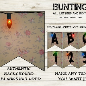 Puede incluir: Bandera de banderines imprimible con letras y números negros sobre un fondo beige con un patrón floral. La bandera incluye las letras A, B, C y los números 1, 2, 3. El texto "BUNTING", "ALL LETTERS AND DIGITS", "INSTANT DOWNLOAD", "DOWNLOAD - PRINT - CUT - DECORATE", "AUTHENTIC BACKGROUND & BLANKS INCLUDED", "MAKE ANY TEXT YOU WANT!!!" también está incluido en la bandera.