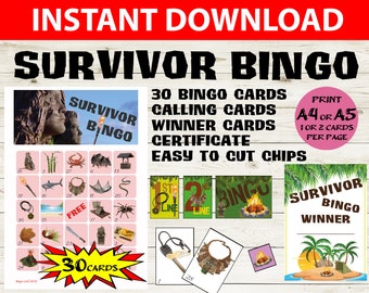30 kart TV Show Survivor Inspired Bingo - gra Survivor Bingo 5x5 - Survivor Karty Bingo do Wydruku - Survivor Party Game - Gra Bingo Dla Dzieci