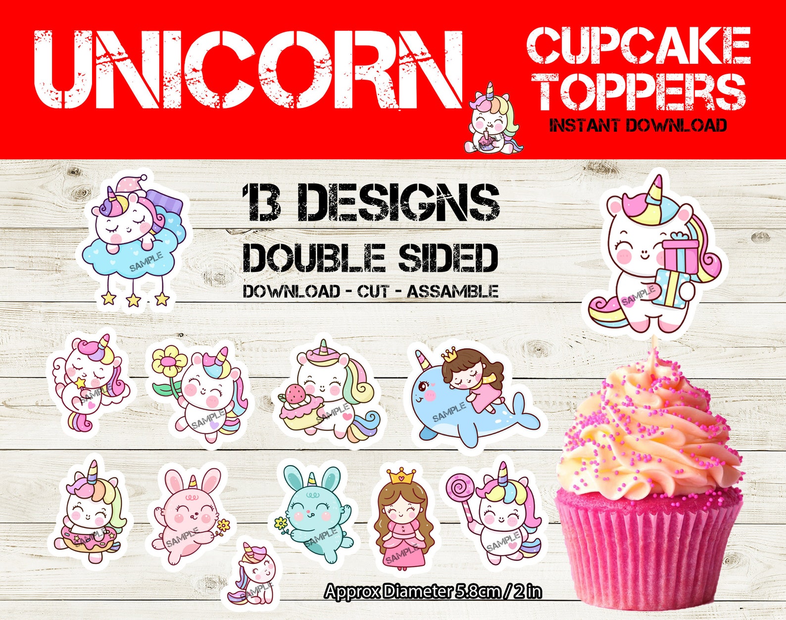 Cute Unicorn Cupcake Toppers - Printable Unicorn Party Cupcake Toppers ...