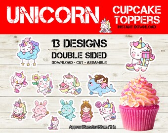 Lindos toppers de cupcakes de unicornio - toppers de cupcakes de fiesta de unicornio imprimibles - decoración de fiesta de unicornio mágico - cupcakes de cumpleaños de unicornio Narwahl