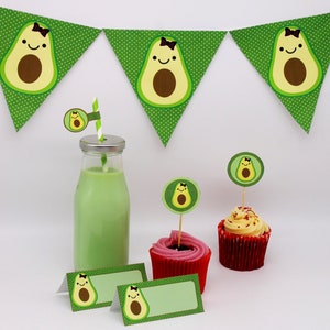 Suministros para la fiesta del aguacate: tiendas de campaña con comida de aguacate, adornos para cupcakes de aguacate, banderines de aguacate, decoraciones con paja de aguacate Paquete imprimible para la fiesta del aguacate
