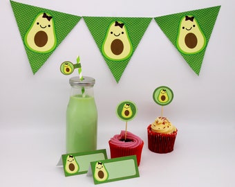 Avocado Party supplies: Avocado food tents, Avocado cupcake toppers, Avocado bunting, Avocado straw decorations Printable Avocado Party pack