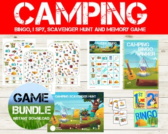 May include: A printable camping game bundle with a blue and green circle that says "Game Bundle Instant Download". The bundle includes a camping bingo card, a camping I Spy game, a camping scavenger hunt, and a camping memory game.
