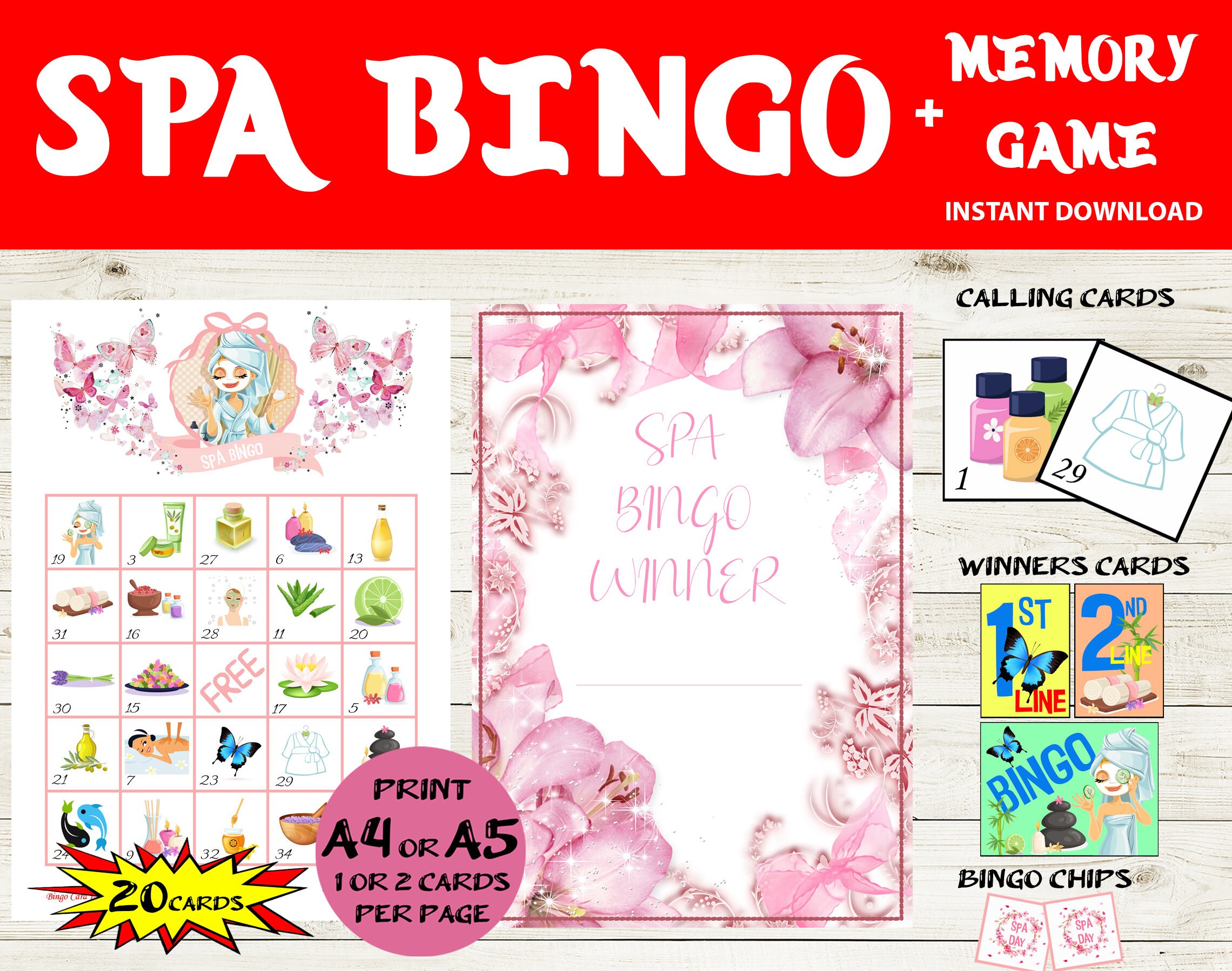 20 Karten SPA Bingo & Memory Spiel - SPA Bingo Spiel 5x5 - Spa Spiele zum Ausdrucken - Spa Geburtstag Gefälligkeiten - Spa Memory Spiel - Spa Party Aktivitäten