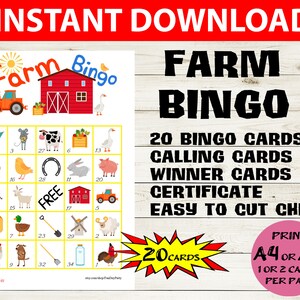 20 card Farm Animal Bingo - Barn Animal Bingo 5x5 - Printable Farm Bingo Cards - Farm-themed Party Game - Kids Bingo Game - Farm bingo game