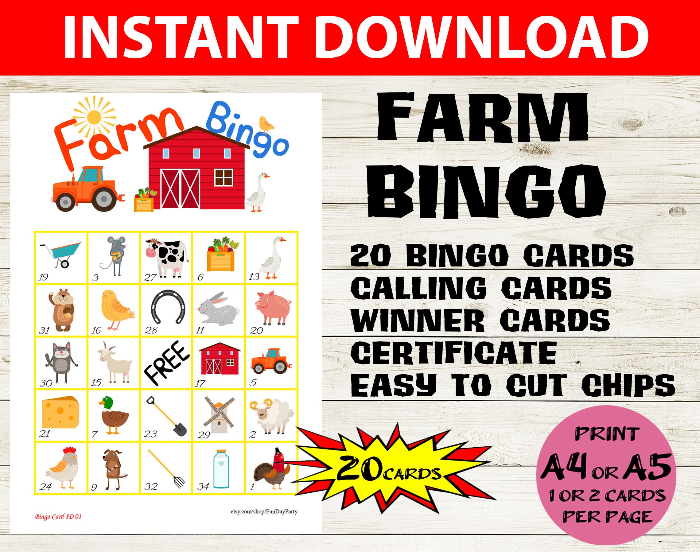 20 card Farm Animal Bingo - Barn Animal Bingo 5x5 - Printable Farm Bingo Cards - Farm-themed Party Game - Kids Bingo Game - Farm bingo game