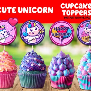 Unicorn Birthday Cupcake Toppers - Printable Unicorn party Cupcake toppers - Magical Unicorn party decor - Cute unicorn birthday cupcakes