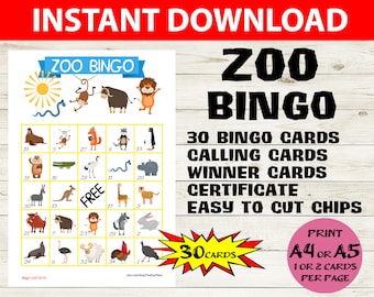 30 card Zoo Animal Bingo - Zoo Animal Bingo 5x5 - Printable Zoo Bingo Cards - Animal-themed Party Game - Kids Bingo Game - Zoo bingo game