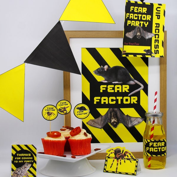 Fear Factor Inspired Party supplies: Cupcake Toppers - Bunting - Drink labels - Place Cards - Favor Sign - Thank You Tags - Entry Pass