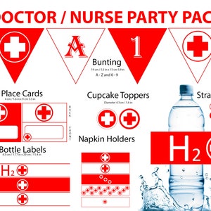 May include: Doctor/Nurse party pack printable set in red and white. Includes bunting, place cards, cupcake toppers, napkin holders, bottle labels, and straw flags. The bunting features the letters A-Z and numbers 0-9. The place cards have a red cross and a blank space for writing names. The cupcake toppers are red circles with a white cross. The napkin holders are red and white with a cross design. The bottle labels are red and white with the text "H2" and a cross. The straw flags are red and white with a cross design.