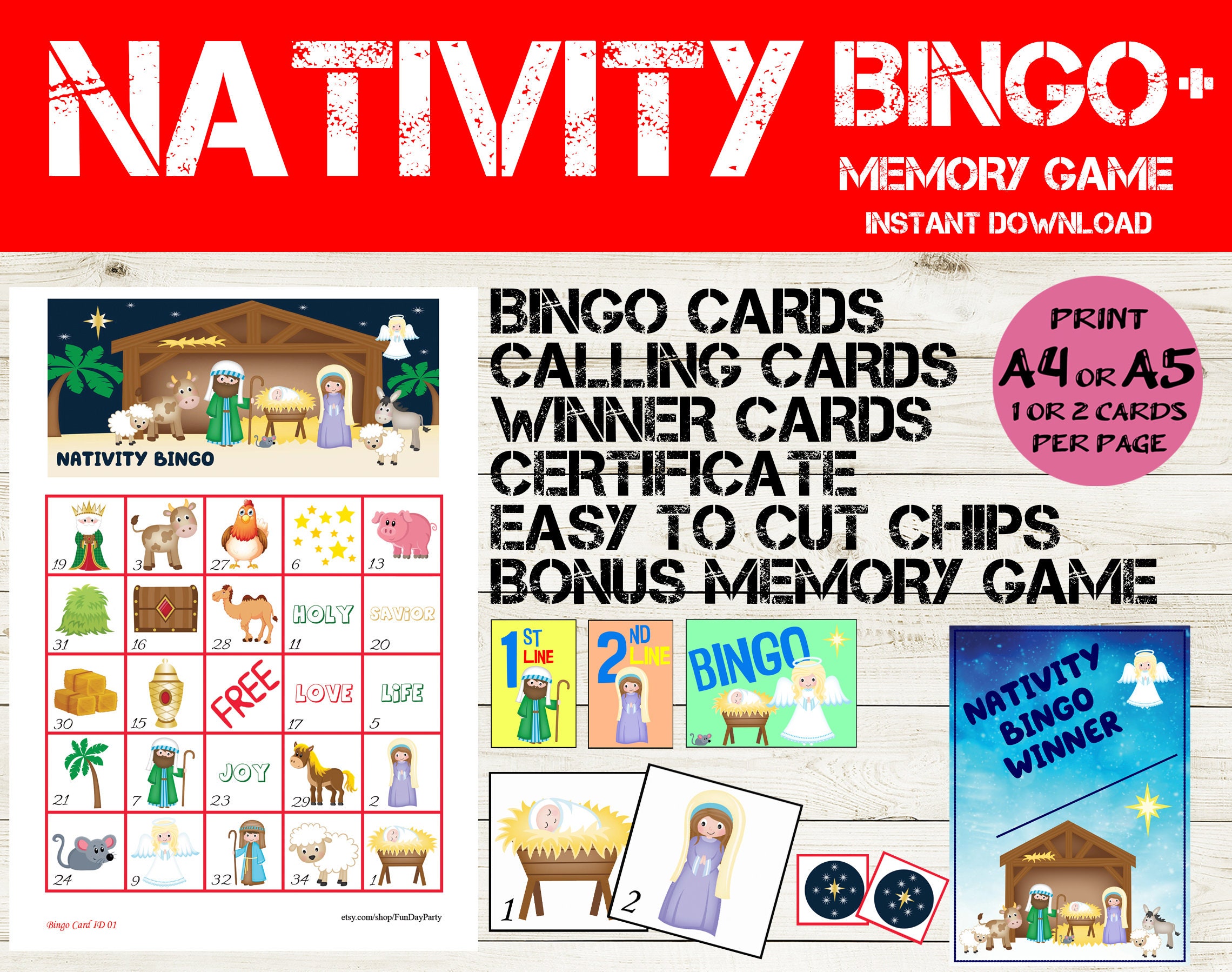 20 Card Nativity Bingo & Memory Game Christmas Party Games Christmas