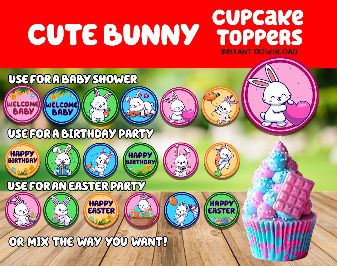 Cute Bunny Cupcake Toppers Bunnythemed Cupcake Toppers Bunny Birthday