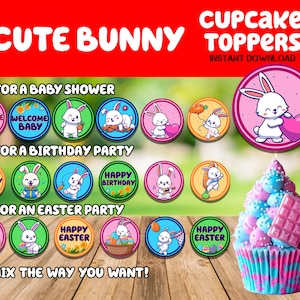 Cute Bunny cupcake toppers - Bunny-themed cupcake toppers - Bunny Birthday cupcake toppers - Bunny Baby shower decor - Easter Bunny Cupcakes