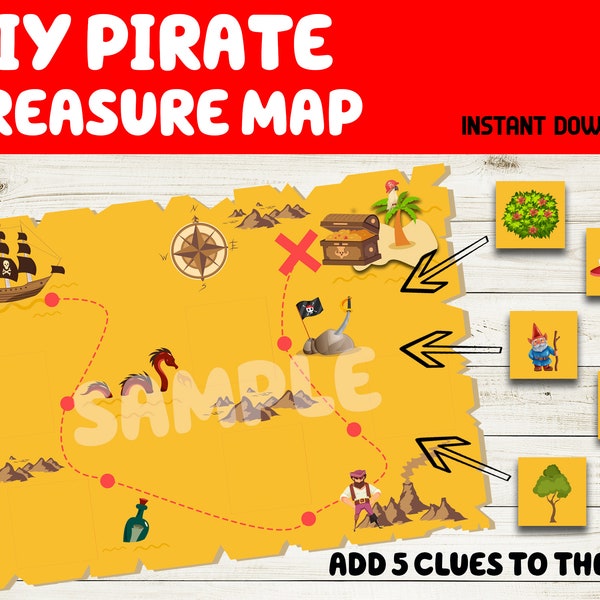 DIY Pirate Treasure Map - Pirate party activity - Printable pirate treasure map - DIY Pirate Scavenger Hunt - DIY kids pirate birthday game