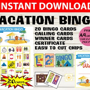 20 carte Vacation Bingo - Summer Bingo 5x5 - Carte Bingo stampabili sulla spiaggia - Gioco per feste a tema spiaggia - Gioco di Bingo per bambini - Gioco di bingo per le vacanze
