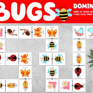 May include: A set of colorful bug dominoes with illustrations of ladybugs, butterflies, bees, snails, and beetles. The dominoes are printed on white cardstock and have a black line down the middle. The text "BUGS DOMINO PRINT AT HOME OR IN YOUR LOCAL PRINT SHOP" is printed at the top of the image.