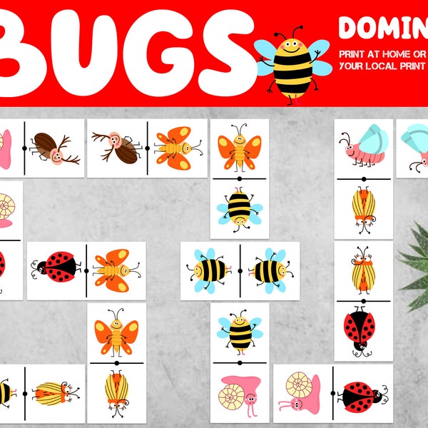 Cute Bug Domino game - Bug & Insect Party Game - Bug theme Dominoes - Spring activity for family - Printable DIY Insect Domino - Bug game