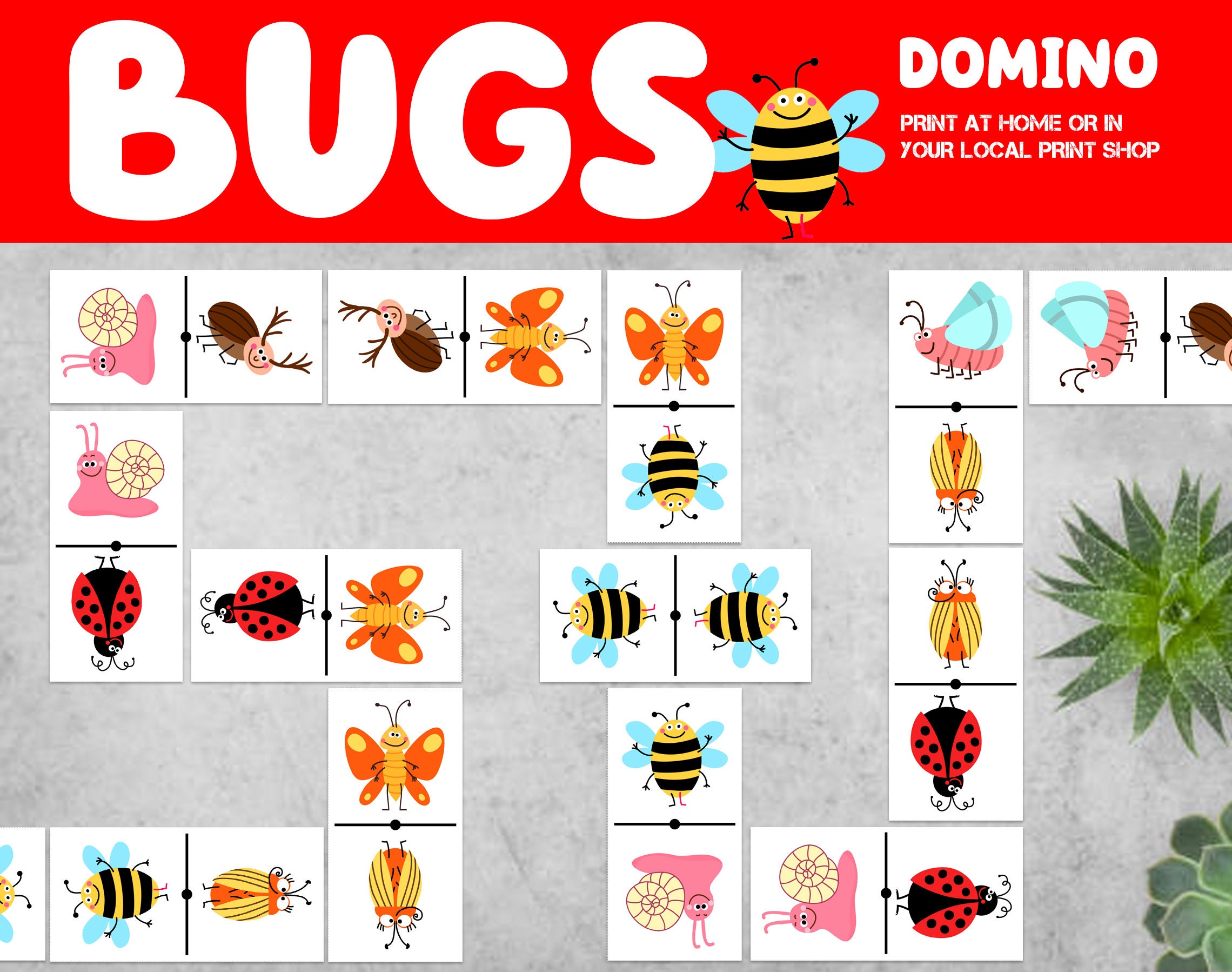 Cute Bug Domino game - Bug & Insect Party Game - Bug theme Dominoes - Spring activity for family - Printable DIY Insect Domino - Bug game
