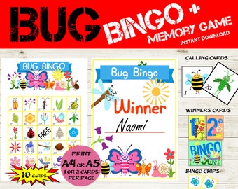 10 card Bug Bingo & Memory game - Bug Party Bingo 5x5 - Printable Insect Party games - Summer Bingo - Bug Party Favor- Bug party Activities