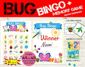 10 card Bug Bingo & Memory game - Bug Party Bingo 5x5 - Printable Insect Party games - Summer Bingo - Bug Party Favor- Bug party Activities