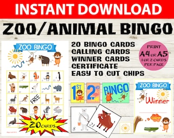 20 card Zoo Animal Bingo - Zoo Animal Bingo 5x5 - Printable Zoo Bingo Cards - Animal-themed Party Game - Kids Bingo Game - Zoo bingo game