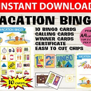 10 cartes Vacation Bingo - Summer Bingo 5x5 - Beach Printable Bingo Cards - Beach-themed Party Game - Kids Bingo Game - Holiday bingo game