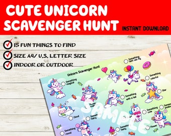 Może przedstawiać: Kolorowa, nadająca się do druku gra w poszukiwanie jednorożców z napisem "CUTE UNICORN SCAVENGER HUNT". Materiał do druku zawiera listę 15 zabawnych rzeczy do znalezienia i jest w rozmiarze A4/U.S. Letter, odpowiednim do użytku wewnątrz i na zewnątrz.