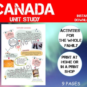 Op de afbeelding: Een printbare studiemodule over Canada met een rood-wit-blauw kleurenschema. De titel is "Canada Unit Study" en de tekst bevat informatie over de winter in Canada, ijshockey en het Noorderlicht. De afbeelding bevat ook een knop "Bekijk 1 minuut video" en een voorbeeldtekst.