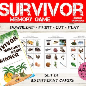 May include: A printable memory game with a Survivor theme. The game includes 35 different cards featuring images of items associated with the show, such as a torch, a machete, and a coconut. The cards are designed to be printed on A4 or A5 paper, with one or two cards per page.