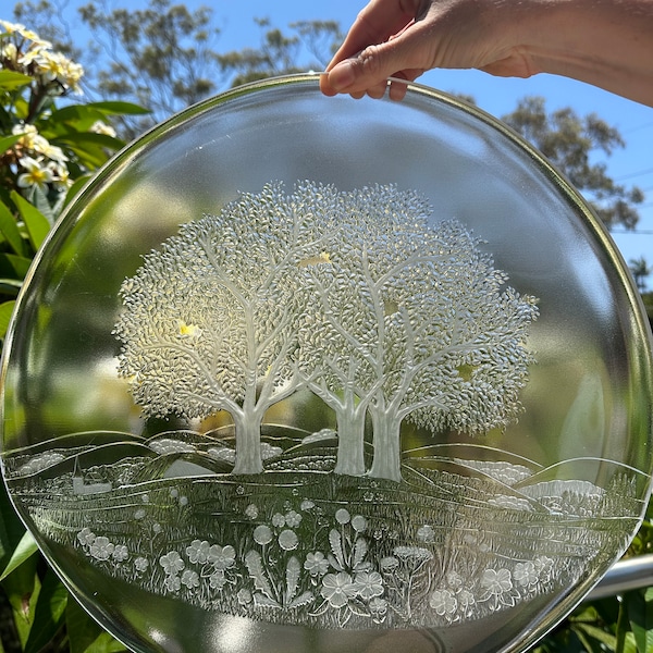 Kosta Boda Round Glass Platter Clear and Frosted Glass with Trees and Flowers, Vintage Round Glass Platter