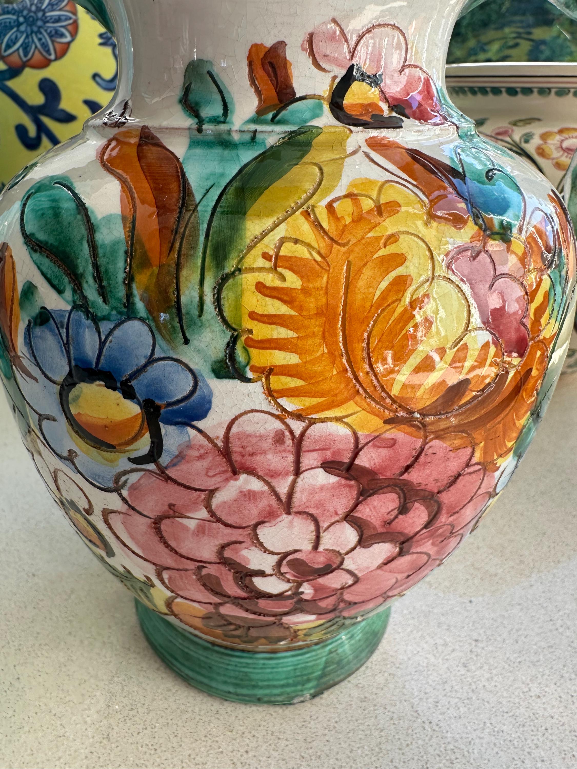 Hand-painted Italian Pottery Vase: Majolica Style Floral Sgraffito