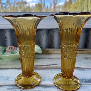 Amber Glass Twin Art Deco Hand Made Amber Glass Vases, Flared Trumpet Shaped Amber Glass Mantle Vases