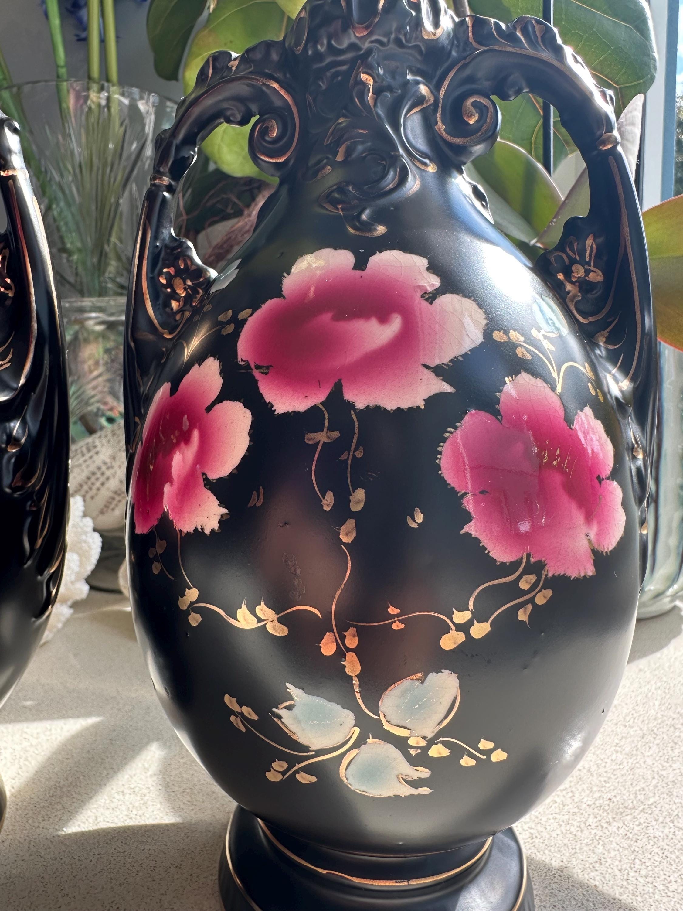 Pair of Victorian Urn Vases | Set of 2 Matching Hand Painted Pink