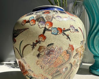 Japanese Satsuma Style Vase | Hand Painted Moriage Enamel Bird & Chrysanthemum Design | Crackle Glaze Pottery c.1930 | 22.5cm Vintage Japan