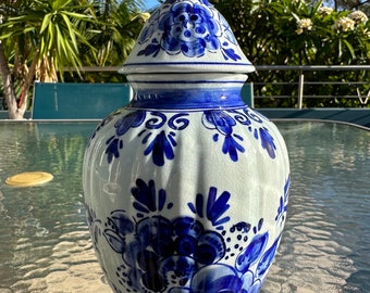 Vintage Dutch Delft Blue & White Potiche Jar | Royal Delfts Lidded Ceramic Vase | Glazed Floral Design | Delft Blauw Collectible Decor
