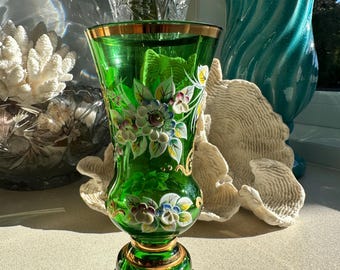 Czech Cobalt Blue and Gold Hand Painted Crystal Glass Vase With