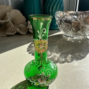 Hand Painted Czech Glass Vase: Miniature Floral Enamel Artwork
