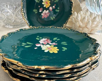 Vintage włoskie talerze kwiatowe – szmaragdowo zielona ceramika szkliwiona – zestaw 6 sztuk