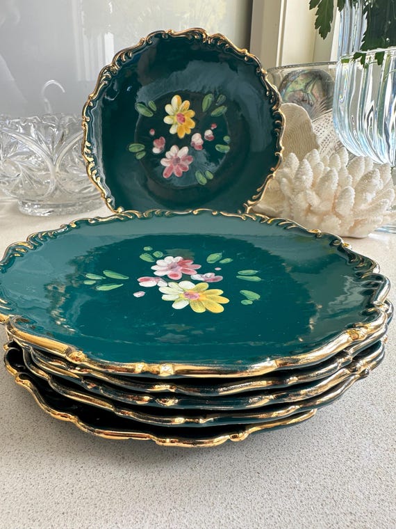 Vintage Italian Floral Plates Emerald Green Glazed Ceramic Set